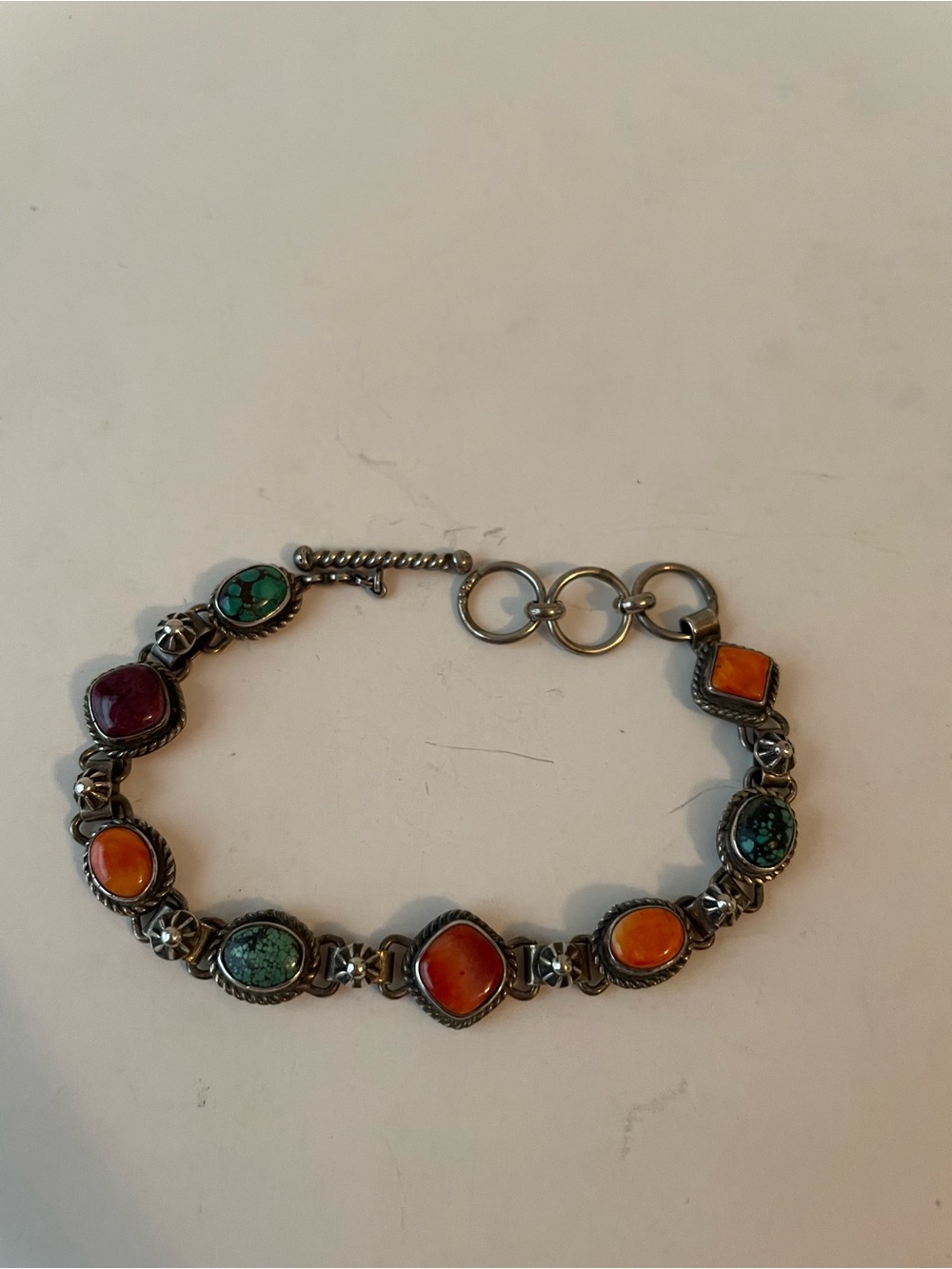 Multi-Stone Sterling Silver Toggle Bracelet - Orange, Red & Turquoise